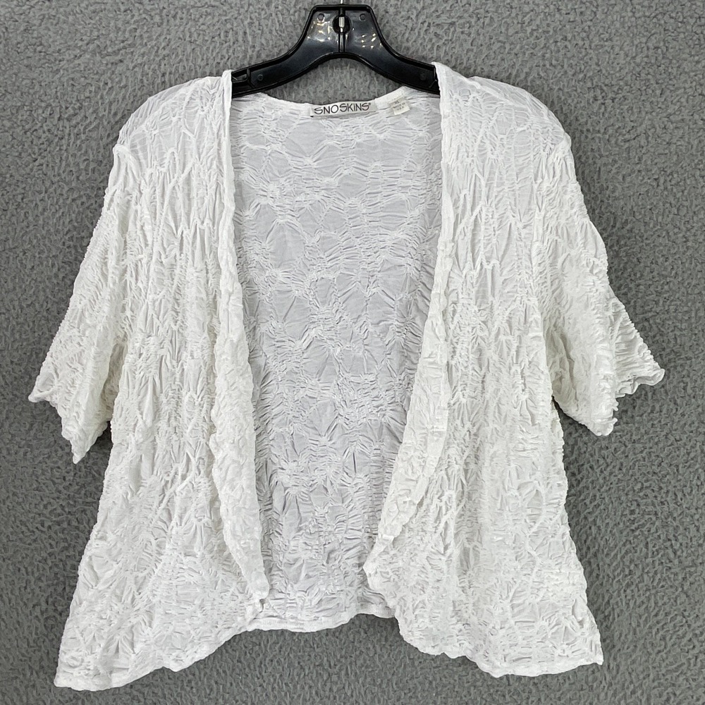 Snoskins Cardigan Womens XL White Textured Crinkle Open Front Stretch USA